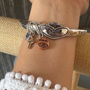 Mom Heart Charm Bangle Bracelet with Copper Love Disc - Silver Tone